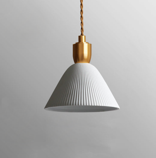 Pleated Ceramic & Brass Cocoon Pendant Light Cone