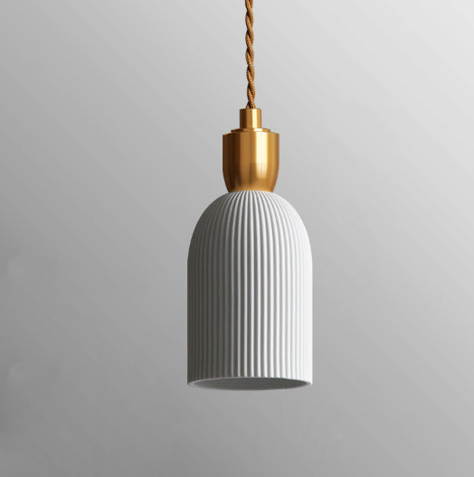 Pleated Ceramic & Brass Cocoon Pendant Light Cylinder