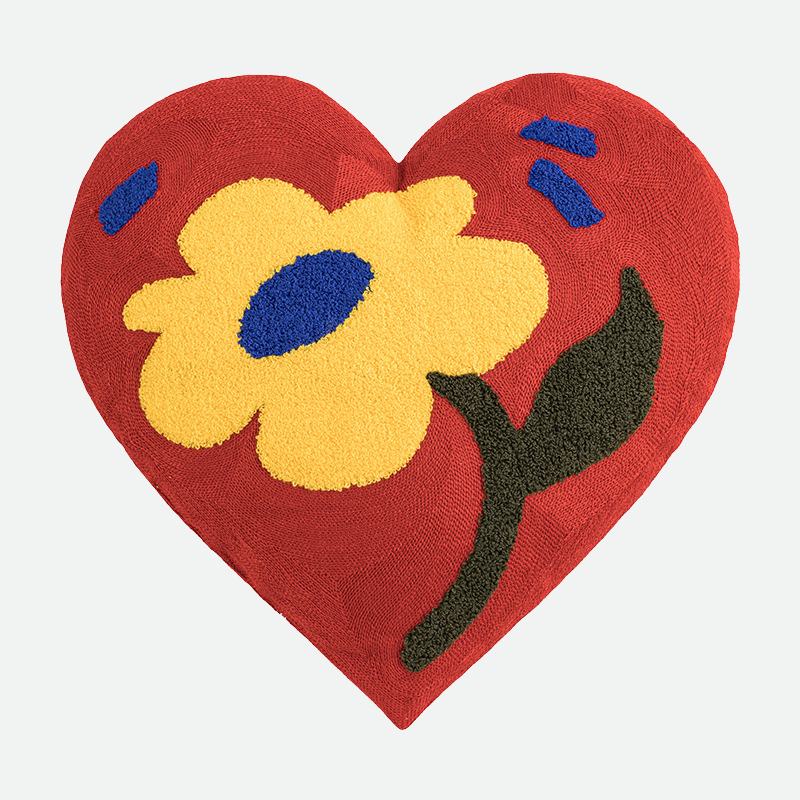 Plush Heart Flower Embroidered Pillow Red
