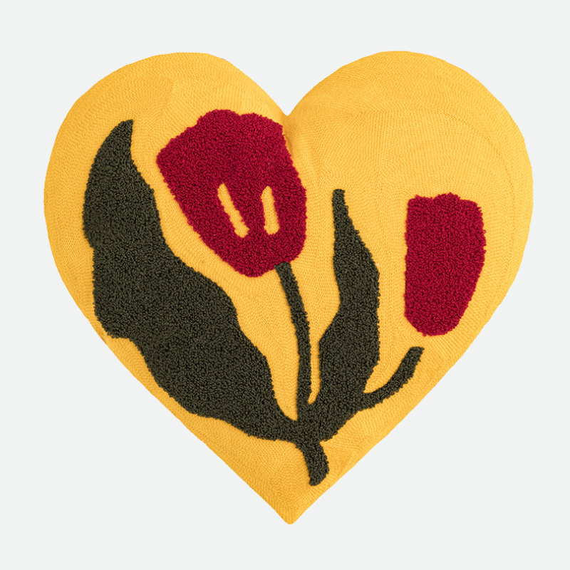 Plush Heart Flower Embroidered Pillow Yellow