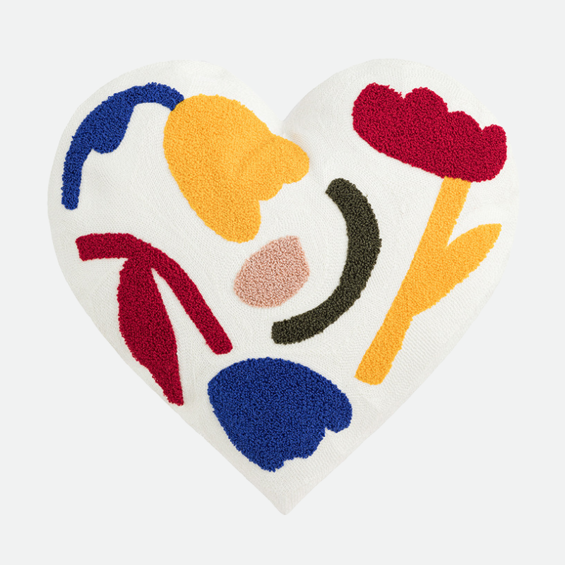Plush Heart Flower Embroidered Pillow White