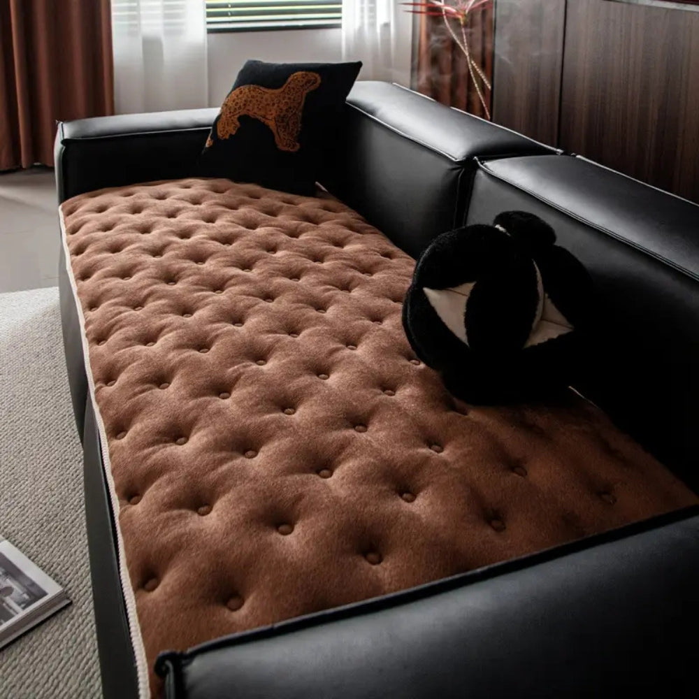 Plush Button-Tufted Sofa Cover Cocoa Brown