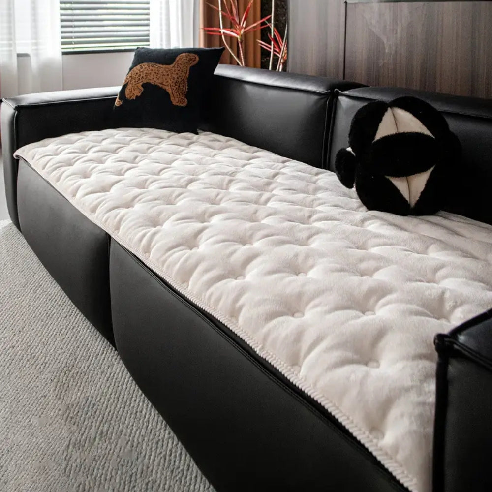 Plush Button-Tufted Sofa Cover Ivory Cloud