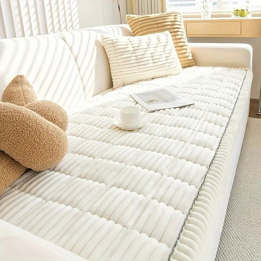 Plush Pleated Edges Sofa Cover Snow Drift