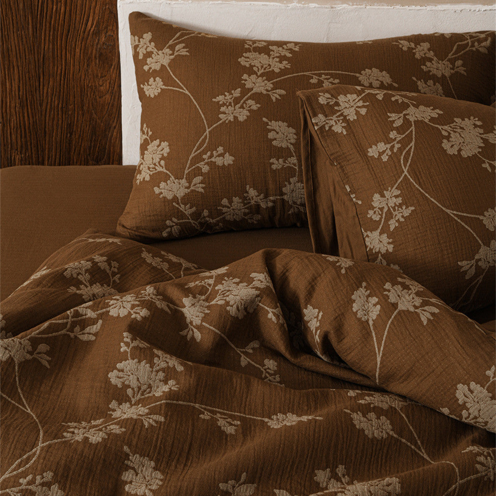 Cotton Gauze 4-Piece Bedding Set — Brown Floral Duvet Cover