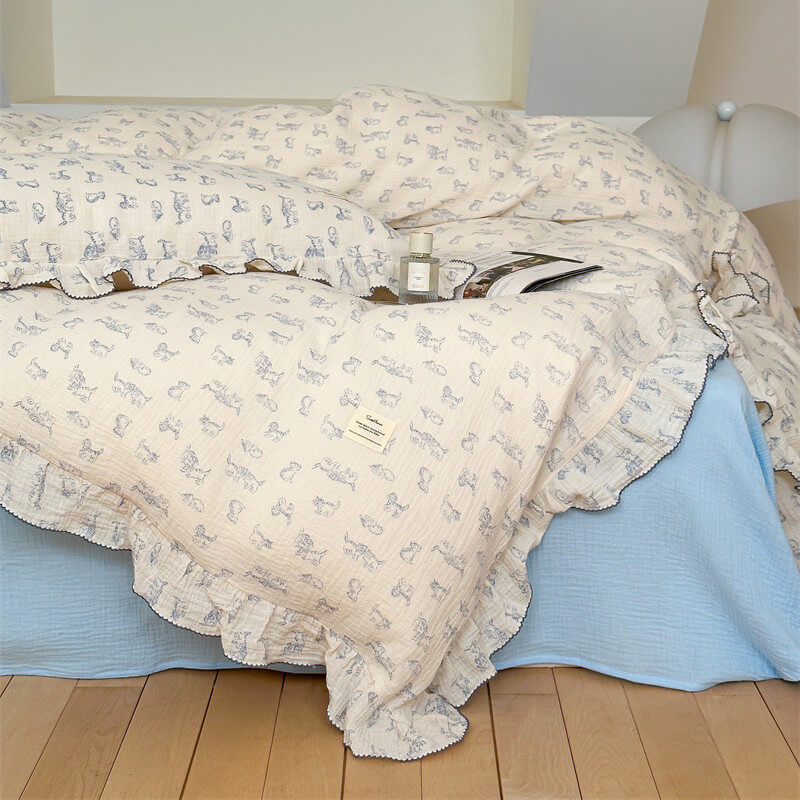 Blue Cat Print Duvet Cover – Cotton Gauze with Ruffles
