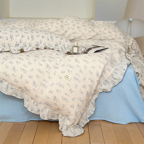 Blue Cat Print Duvet Cover – Cotton Gauze with Ruffles