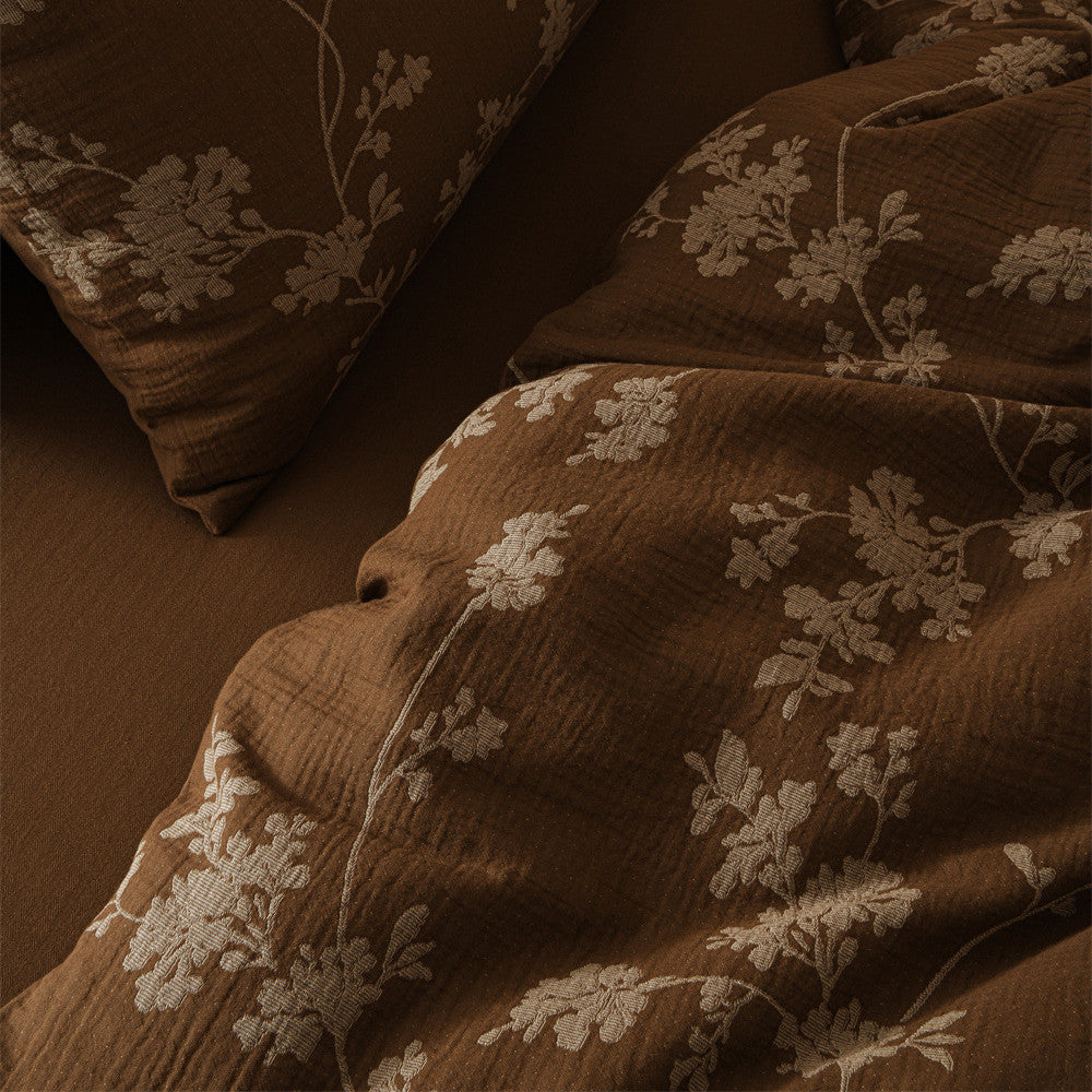 Cotton Gauze 4-Piece Bedding Set — Brown Floral Duvet Cover