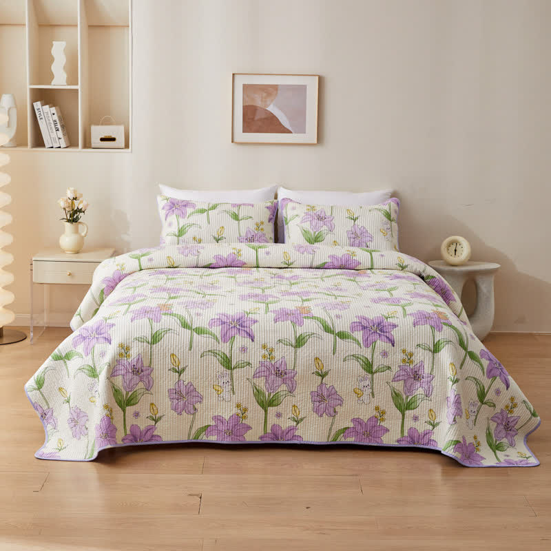 Cotton Quilted Bedding Set with Purple Flowers