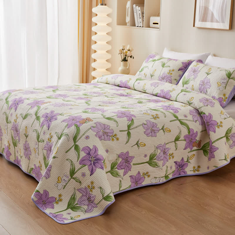 Cotton Quilted Bedding Set with Purple Flowers