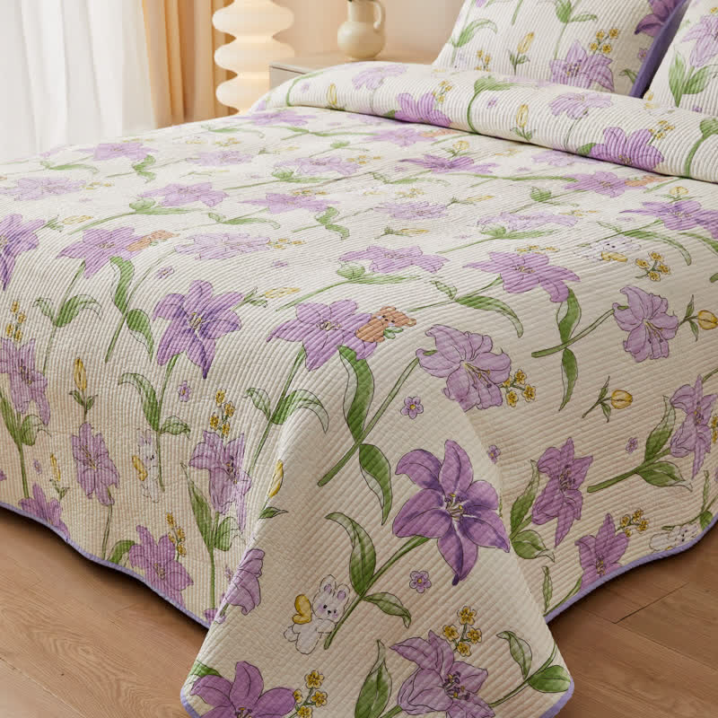 Cotton Quilted Bedding Set with Purple Flowers
