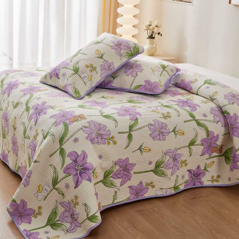 Cotton Quilted Bedding Set with Purple Flowers