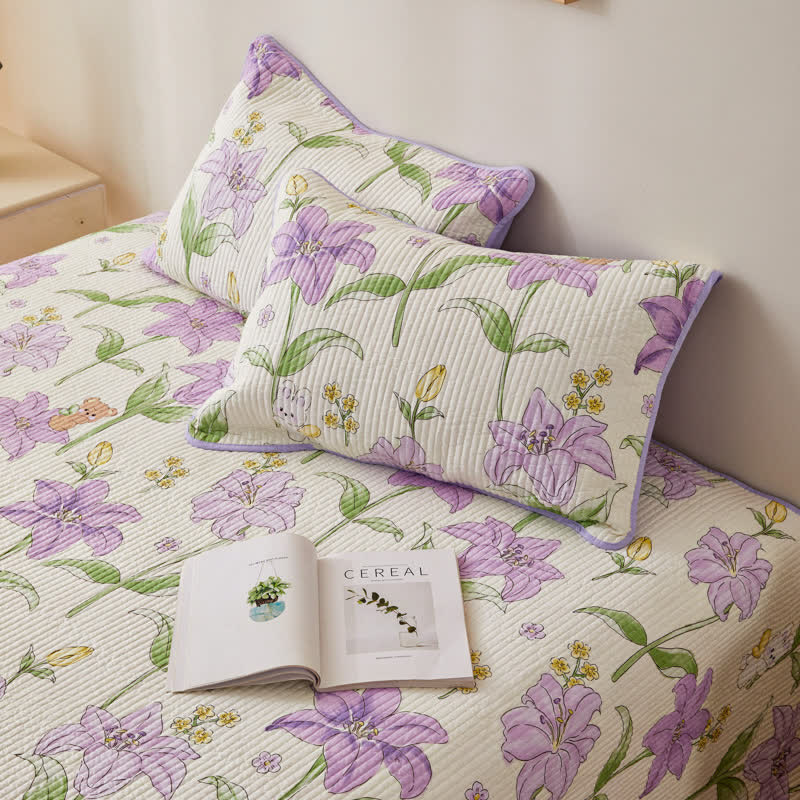 Cotton Quilted Bedding Set with Purple Flowers