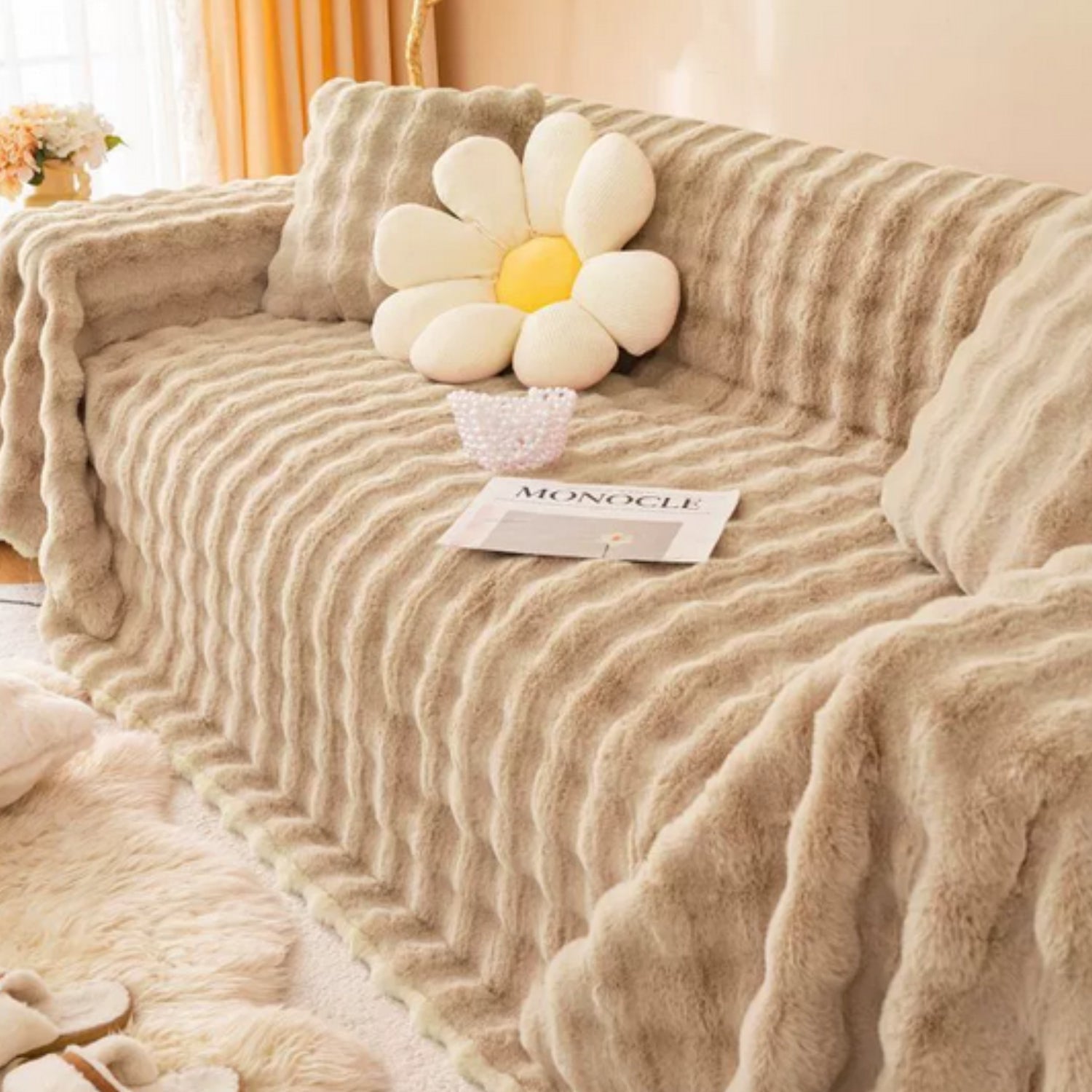 Rabbit Faux Fur Blanket Soft Sofa Cover Oat Milk