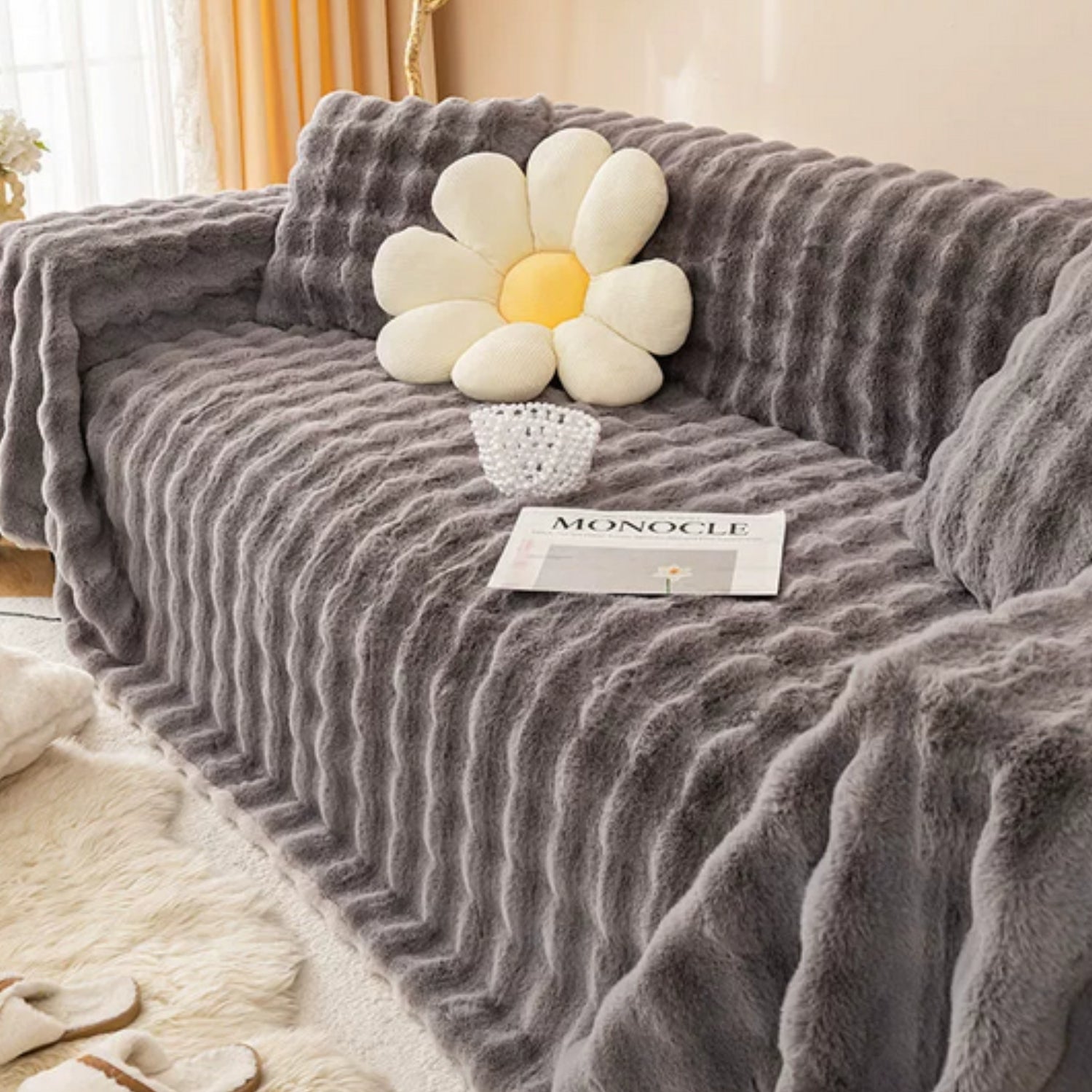 Rabbit Faux Fur Blanket Soft Sofa Cover Charcoal Cloud