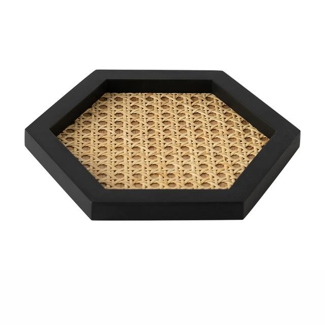 Rattan Cane and Wood Frame Decorative Tray Polygon Black