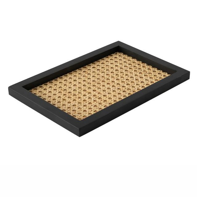 Rattan Cane and Wood Frame Decorative Tray Rectangle Black