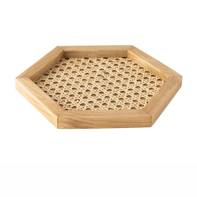 Rattan Cane and Wood Frame Decorative Tray Polygon Natural