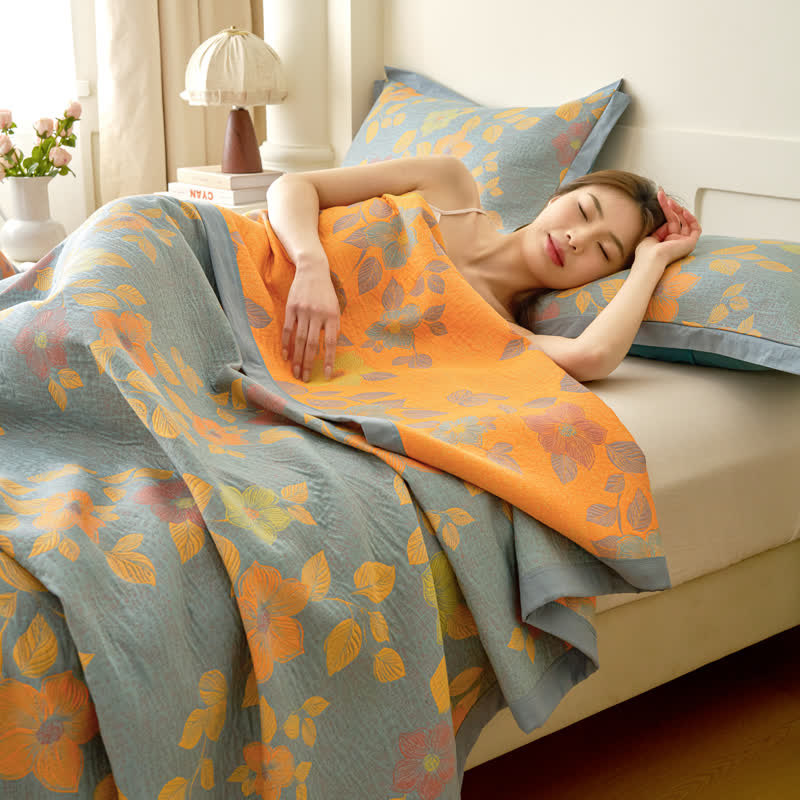 100% Cotton Quilt for Bed - Reversible with Leaf Floral Pattern