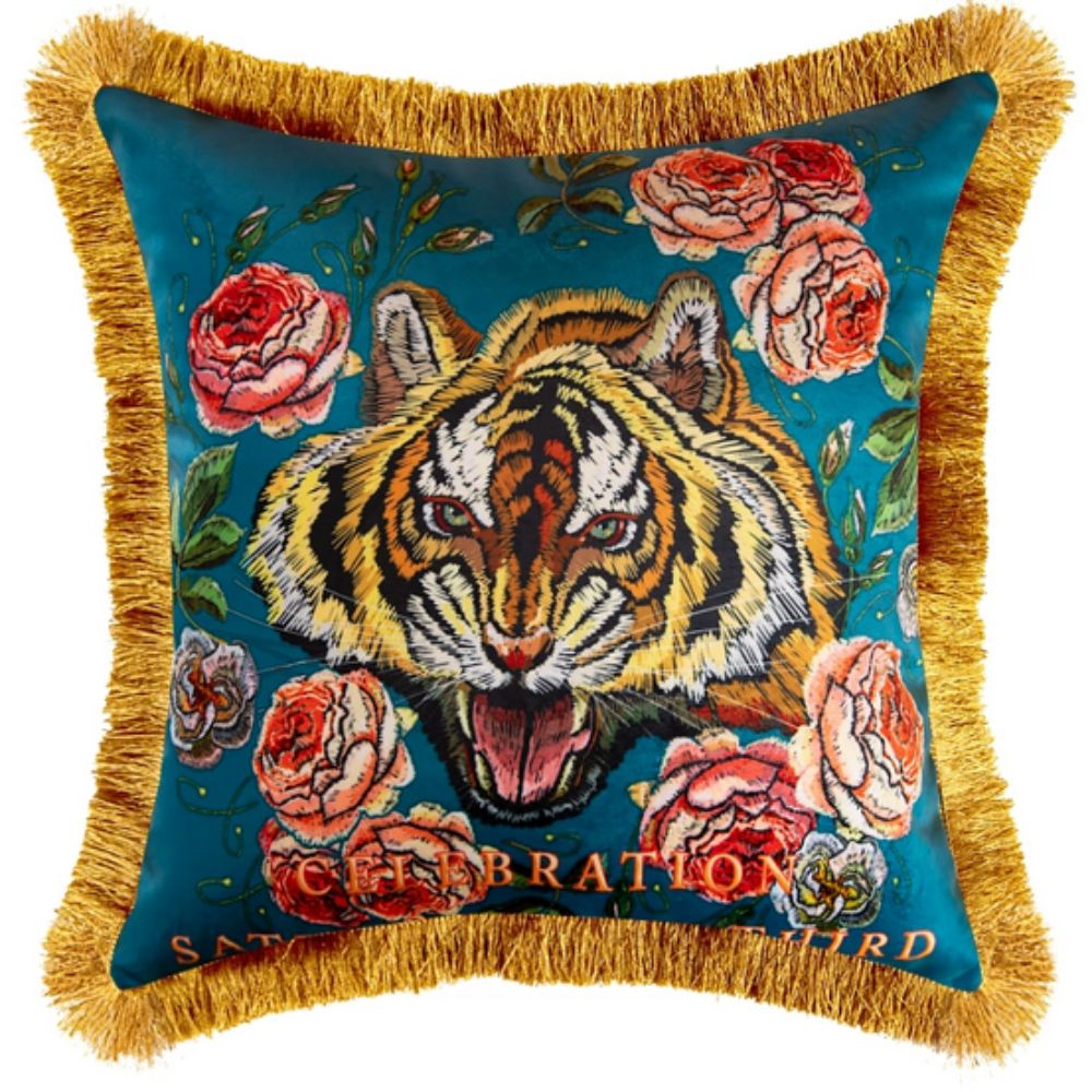 Regal Tiger Artistic Velvet Cushion Cover Wild Bloom