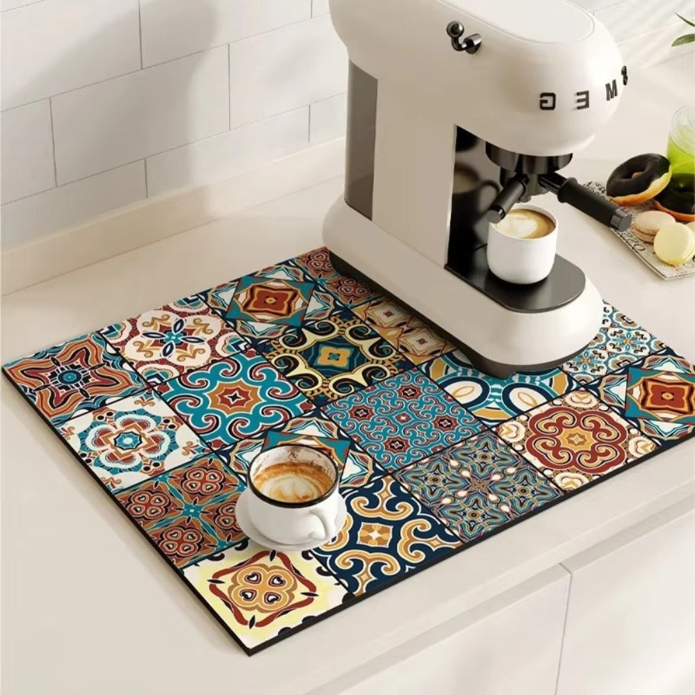 Retro Tile Design Absorbent Coffee Mat Mandala Patch