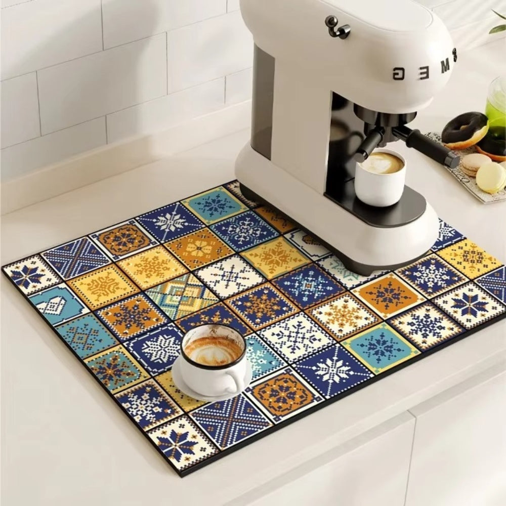 Retro Tile Design Absorbent Coffee Mat Autumn Mosaic 16"x23.5"