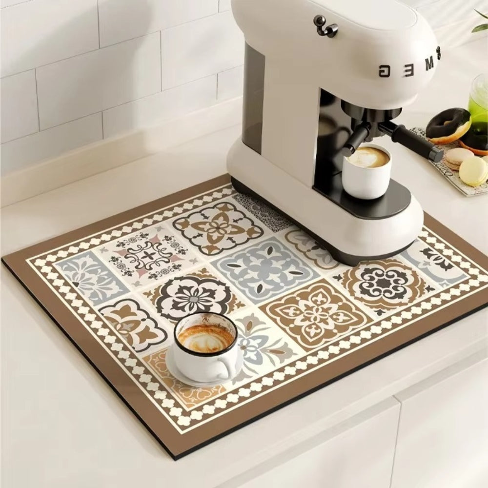Retro Tile Design Absorbent Coffee Mat Floral Wood