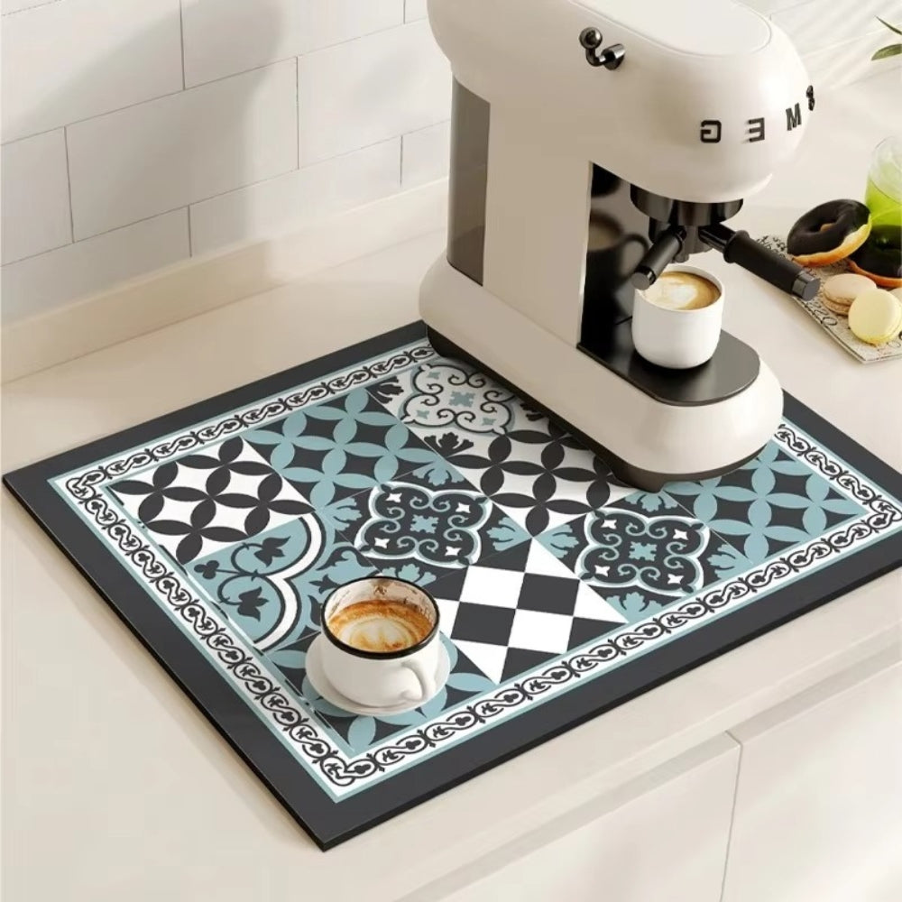 Retro Tile Design Absorbent Coffee Mat Nordic Blue