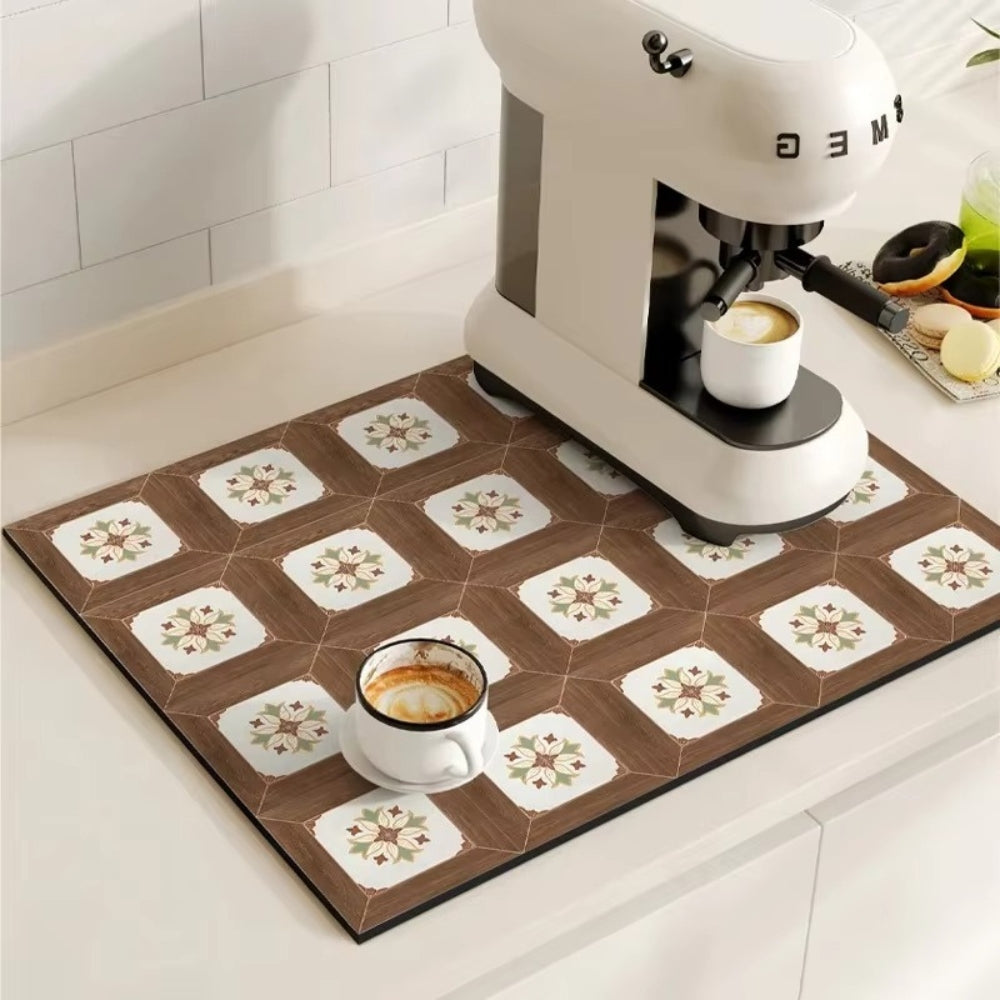Retro Tile Design Absorbent Coffee Mat Muted Mosaic