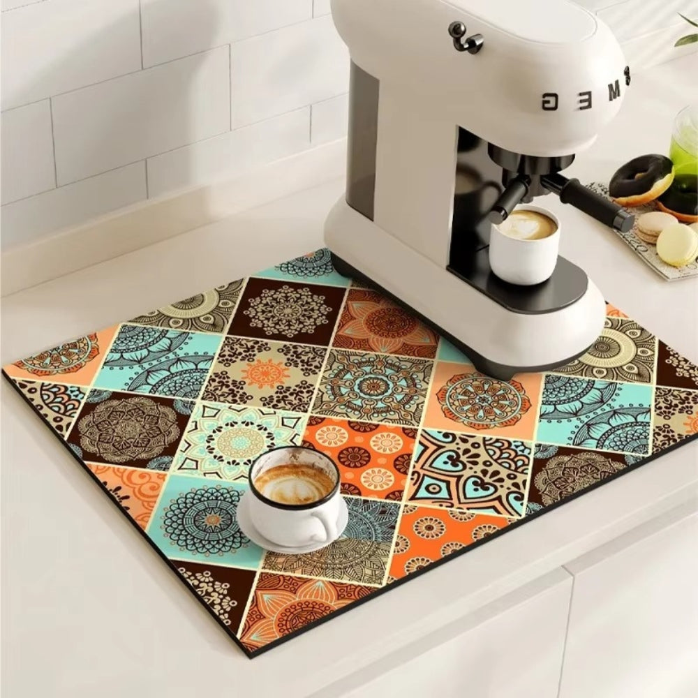 Retro Tile Design Absorbent Coffee Mat Cerulean Bloom