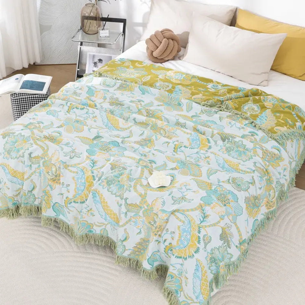 Reverie Floral Tassel Cotton Blanket Turquoise Garden