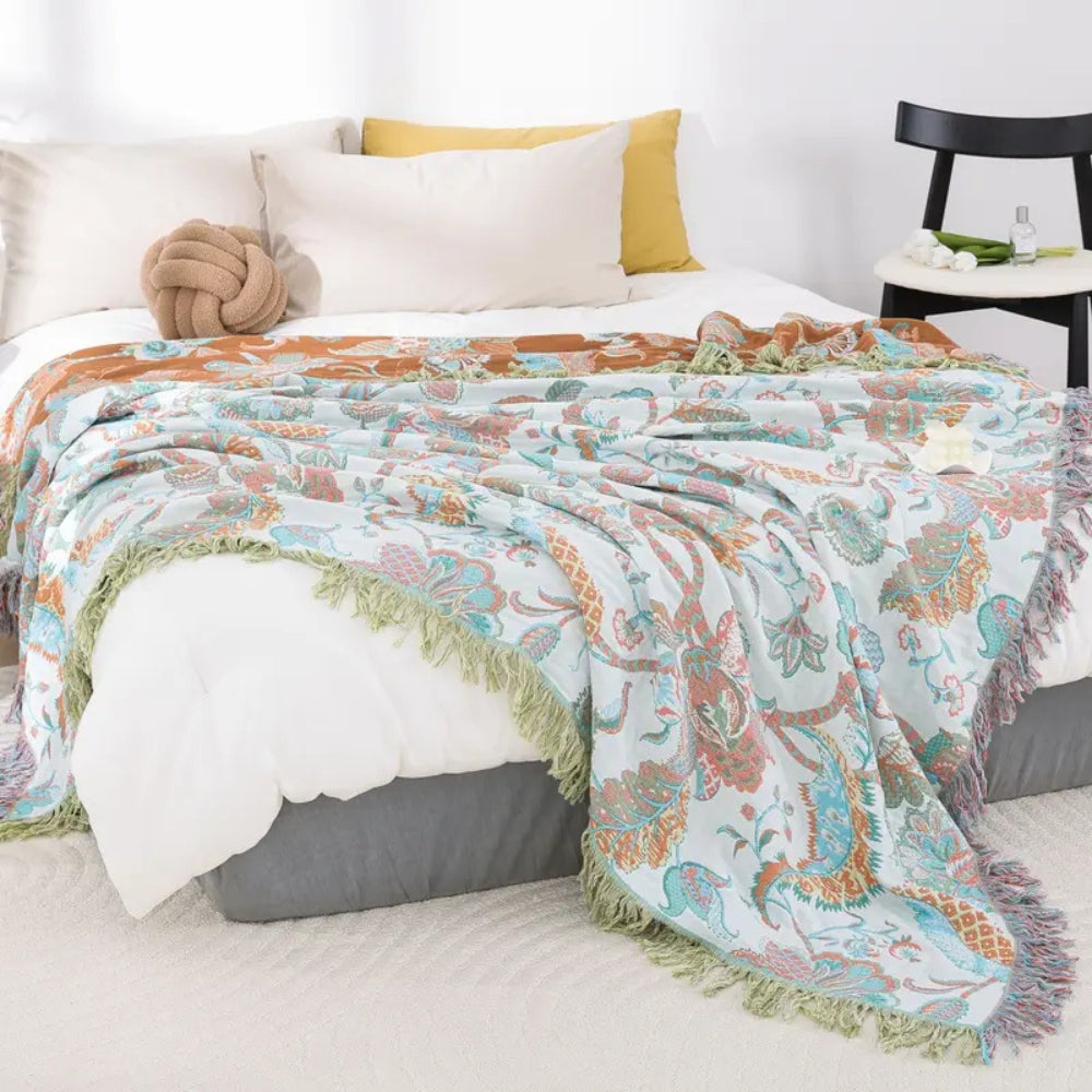 Reverie Floral Tassel Cotton Blanket Mint Paisley