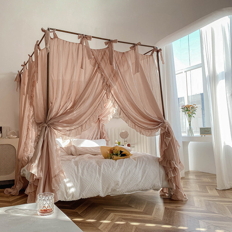 Romantic Lace Canopy Curtains for 4 Poster Bed – Sheer Ruffled Drapes