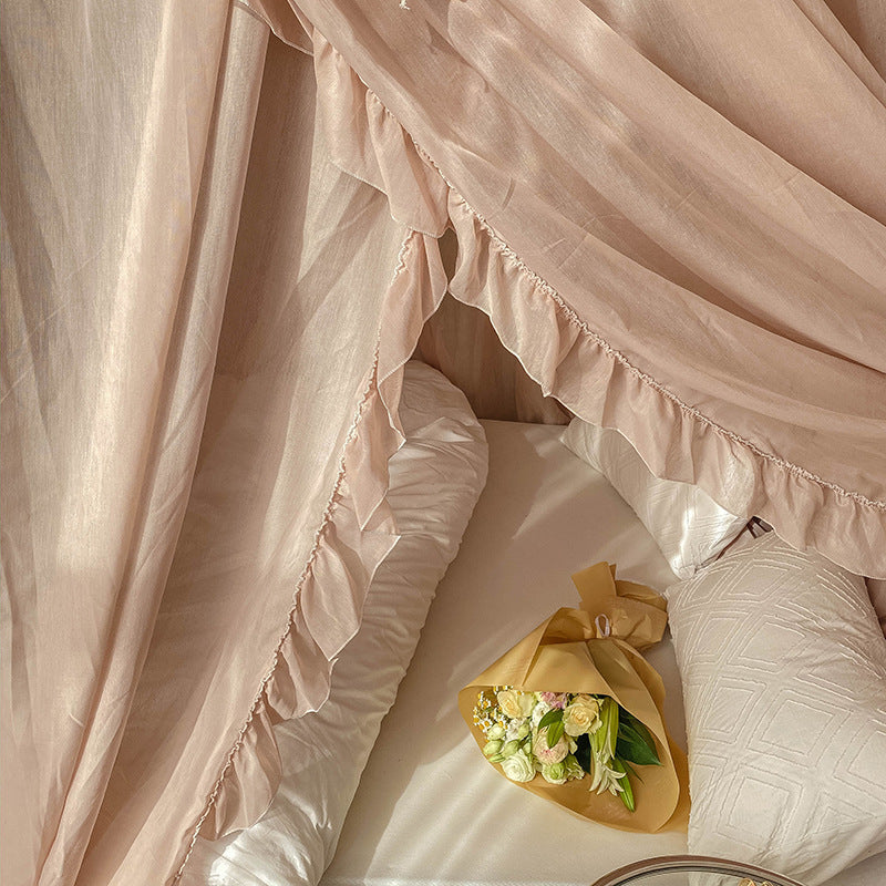 Romantic Lace Canopy Curtains for 4 Poster Bed – Sheer Ruffled Drapes