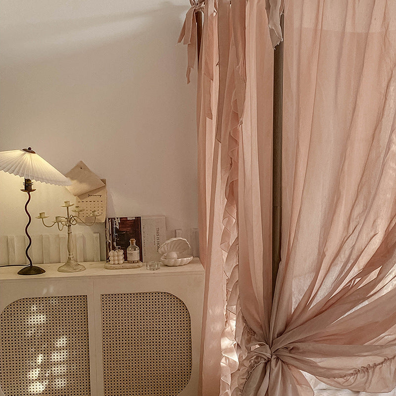 Romantic Lace Canopy Curtains for 4 Poster Bed – Sheer Ruffled Drapes