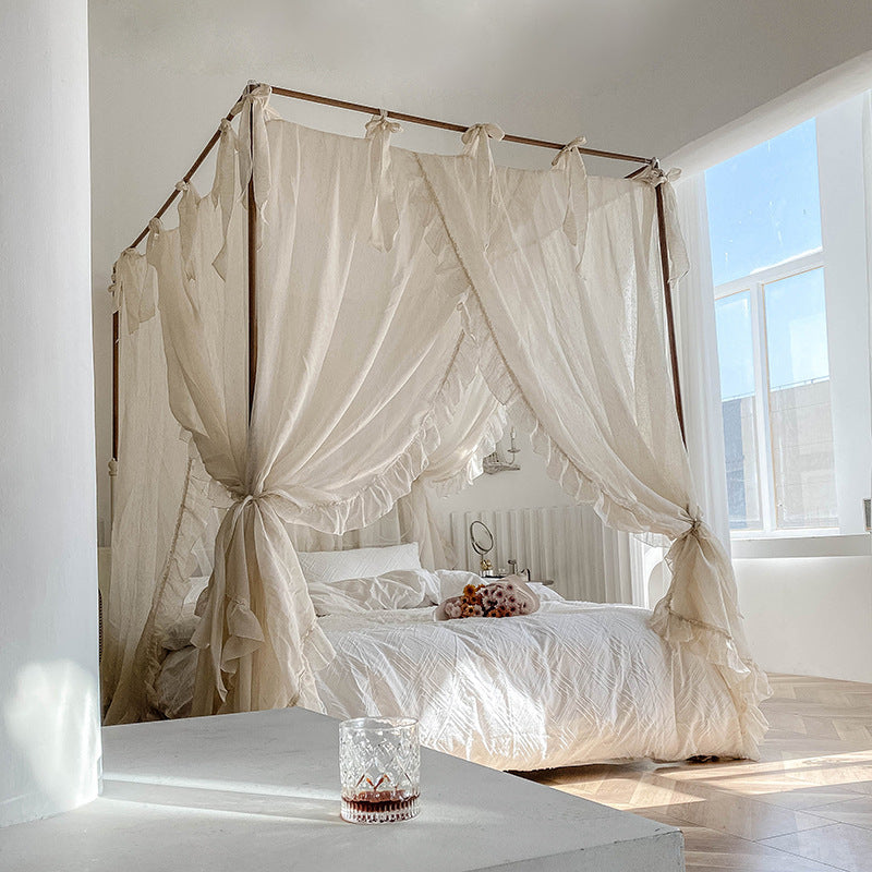 Romantic Lace Canopy Curtains for 4 Poster Bed – Sheer Ruffled Drapes Linen