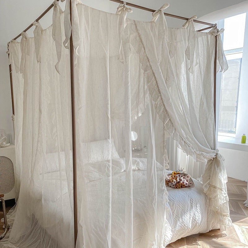 Romantic Lace Canopy Curtains for 4 Poster Bed – Sheer Ruffled Drapes