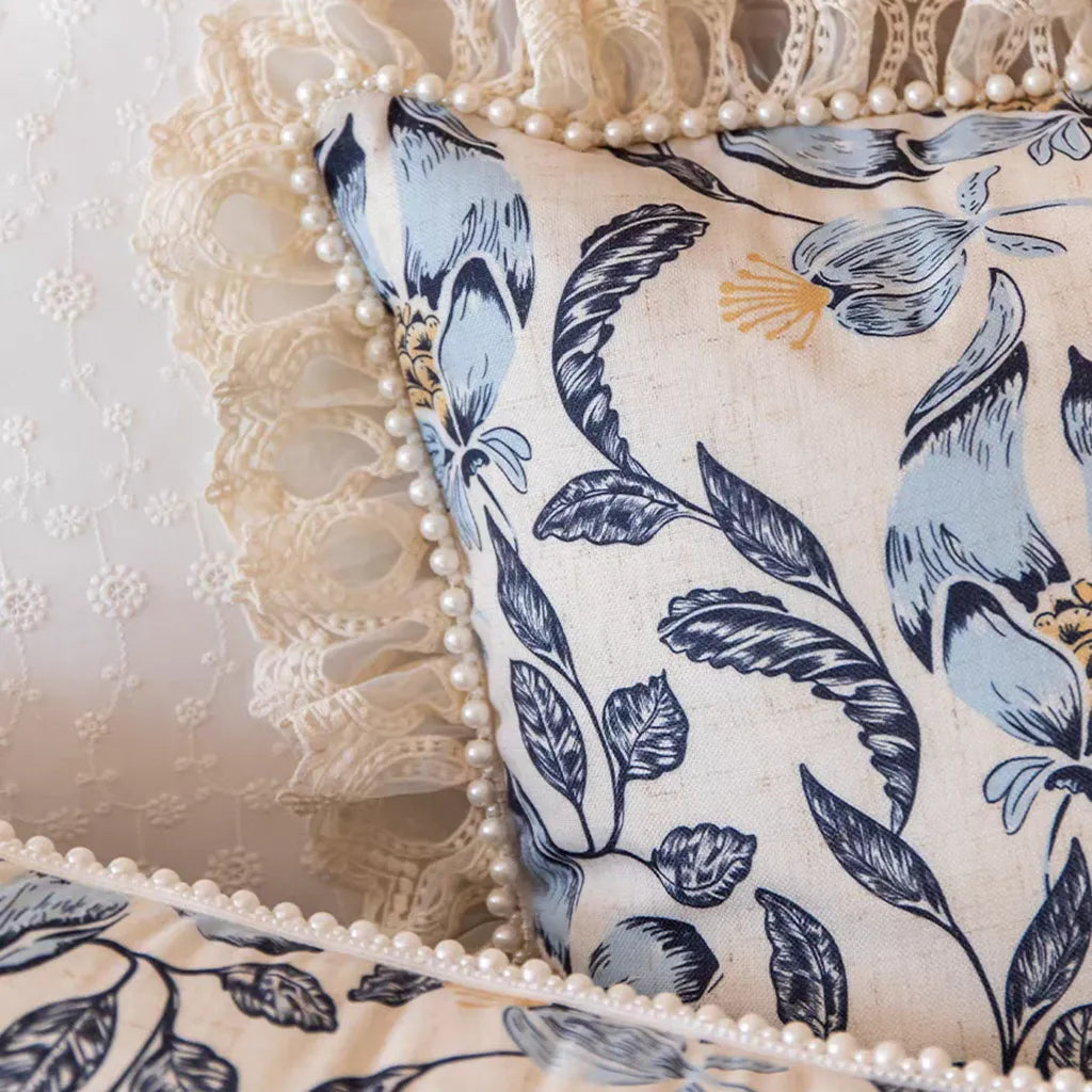 Romantic Floral Pearl-Trim Cushion Cover