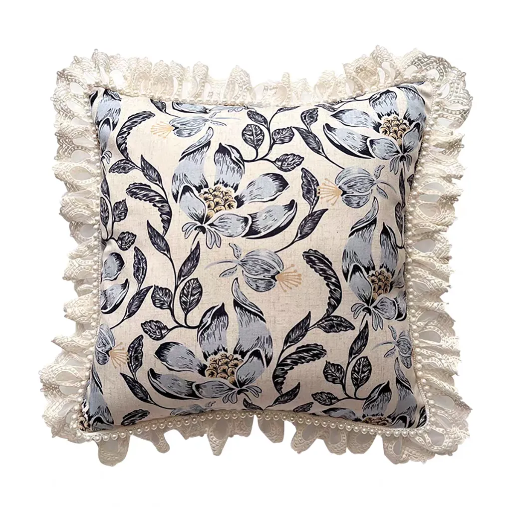Romantic Floral Pearl-Trim Cushion Cover