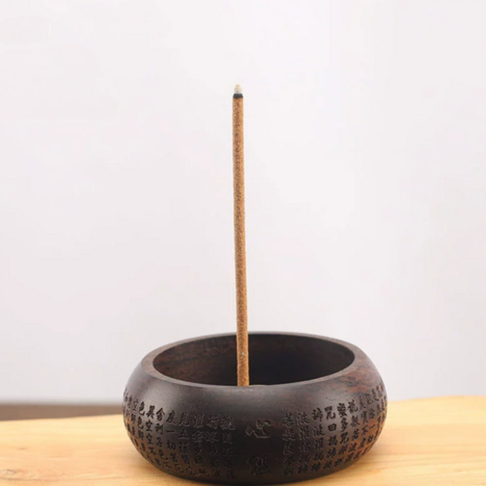 Round Solid Wood Incense Stick Holder Scripted Ebony