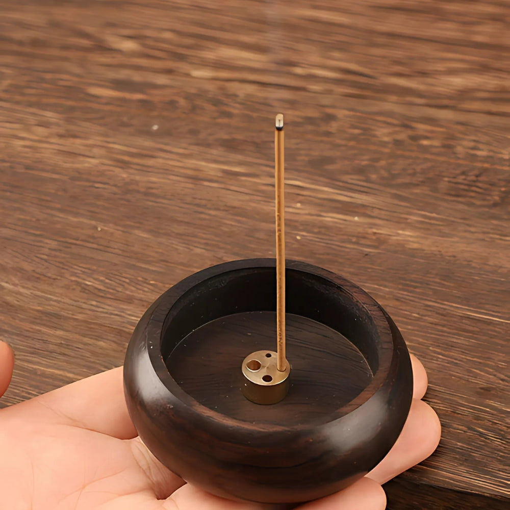 Round Solid Wood Incense Stick Holder Deep Mahogany