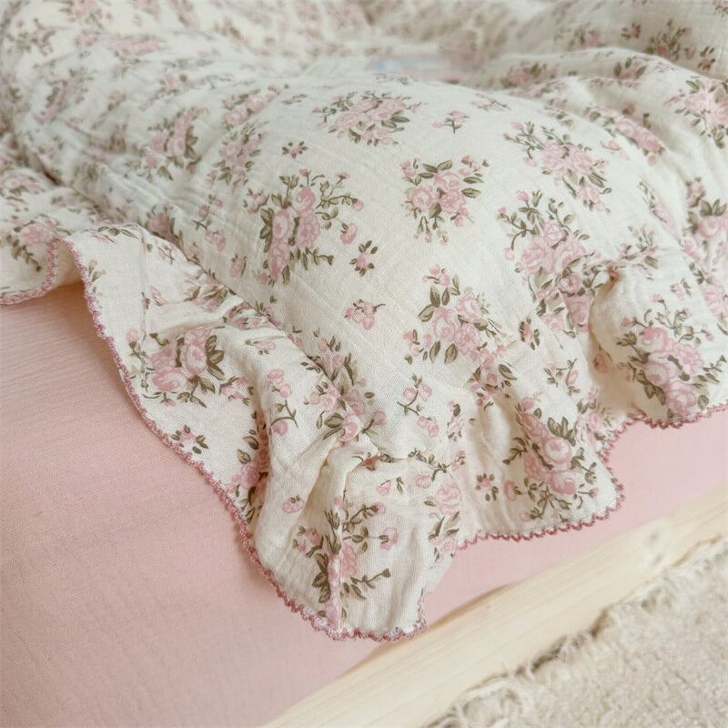 Pink Rose Ruffle Bedding Set – Breathable Cotton Gauze