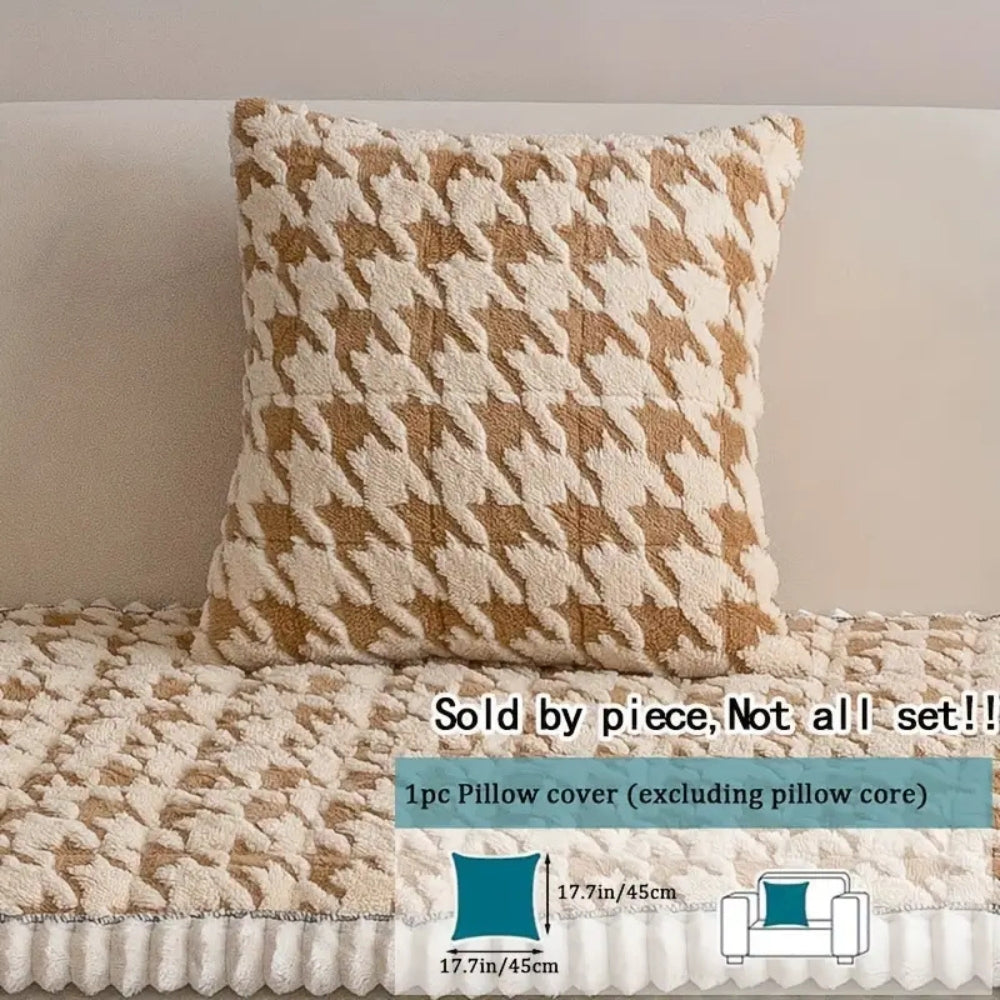 Colourful Plush Houndstooth Sofa Cover and Cushion Cover Sandstone Weave 18"x18" (cushion cover)