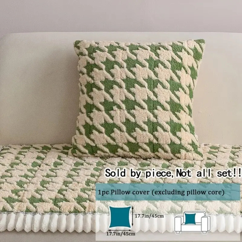 Colourful Plush Houndstooth Sofa Cover and Cushion Cover Mossy Blend 18"x18" (cushion cover)