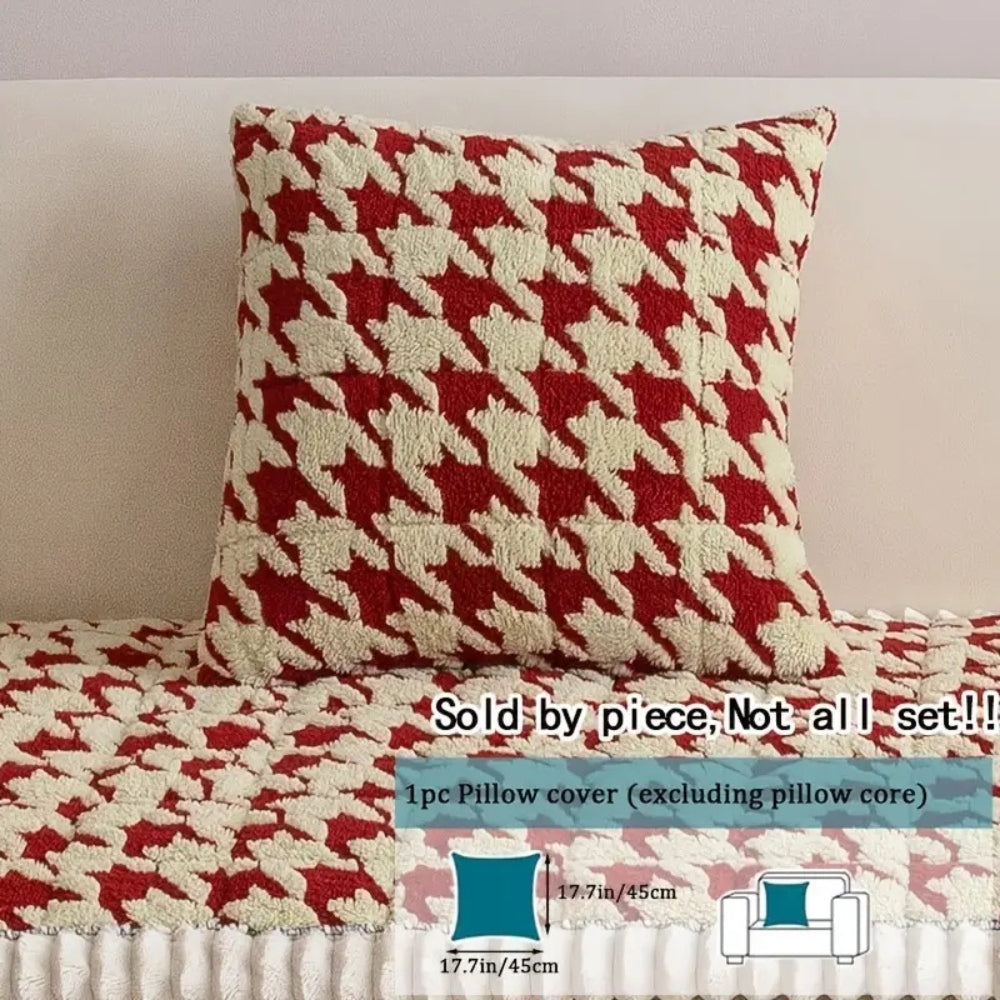 Colourful Plush Houndstooth Sofa Cover and Cushion Cover Crimson Edge 18"x18" (cushion cover)