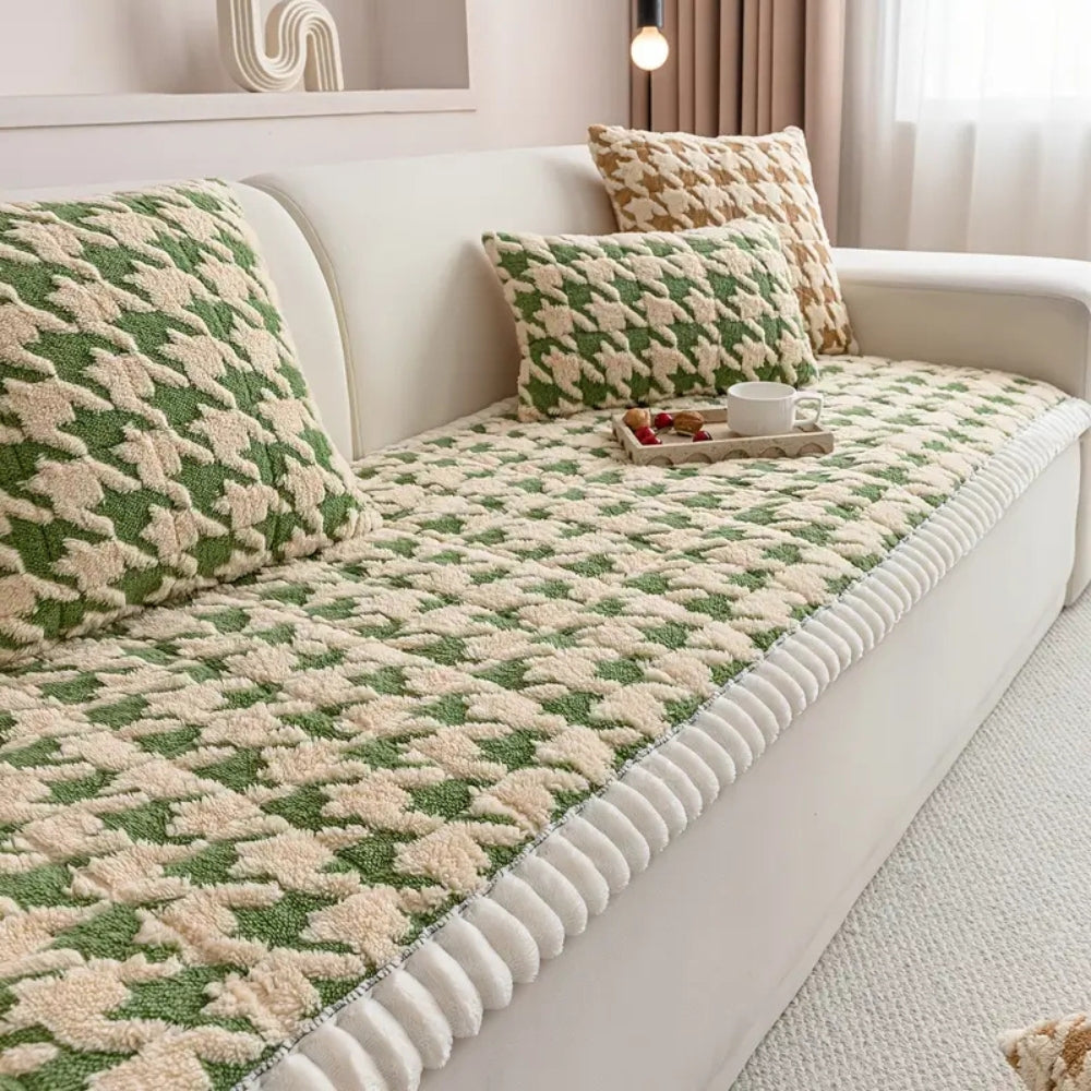 Colourful Plush Houndstooth Sofa Cover and Cushion Cover Mossy Blend
