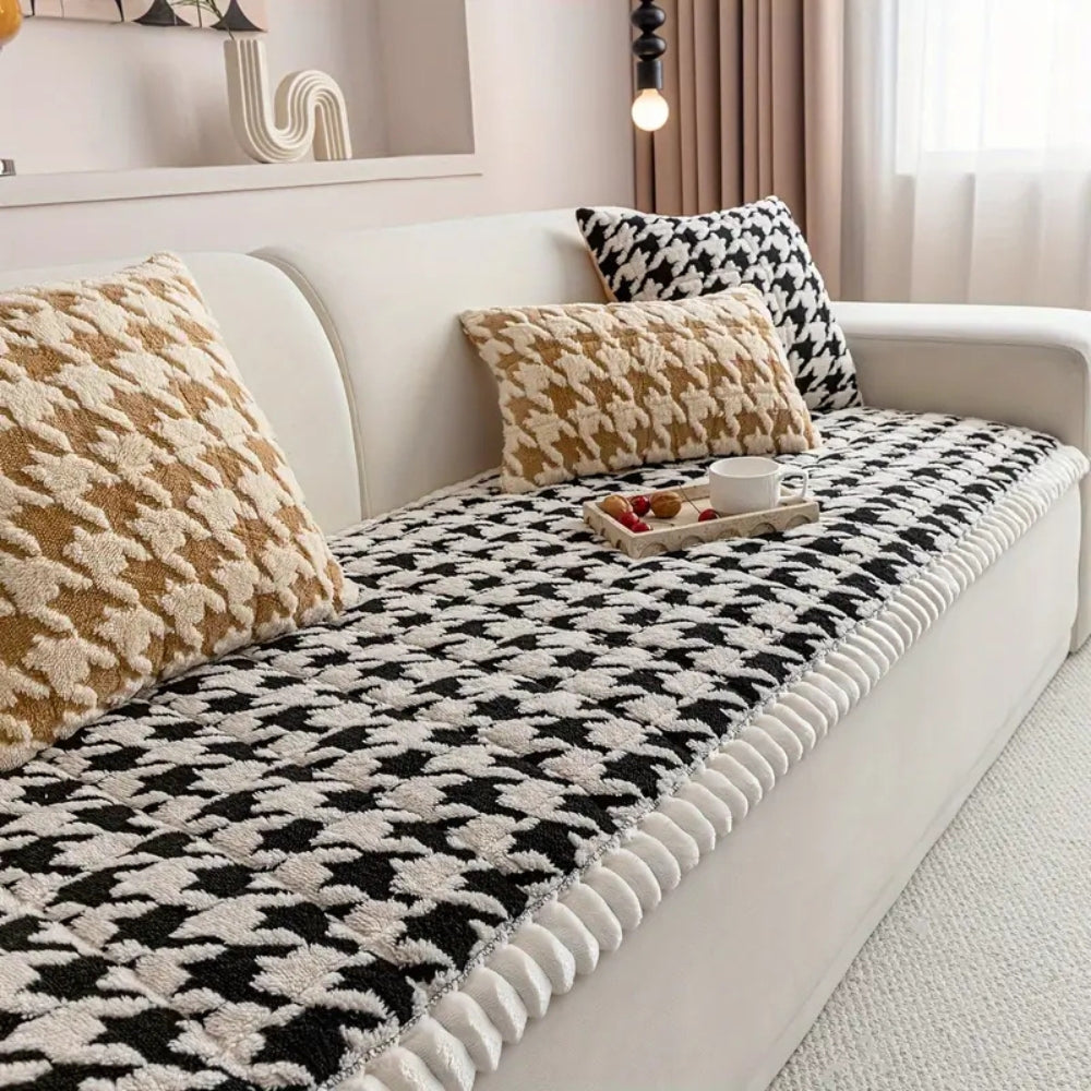 Colourful Plush Houndstooth Sofa Cover and Cushion Cover Midnight Pattern