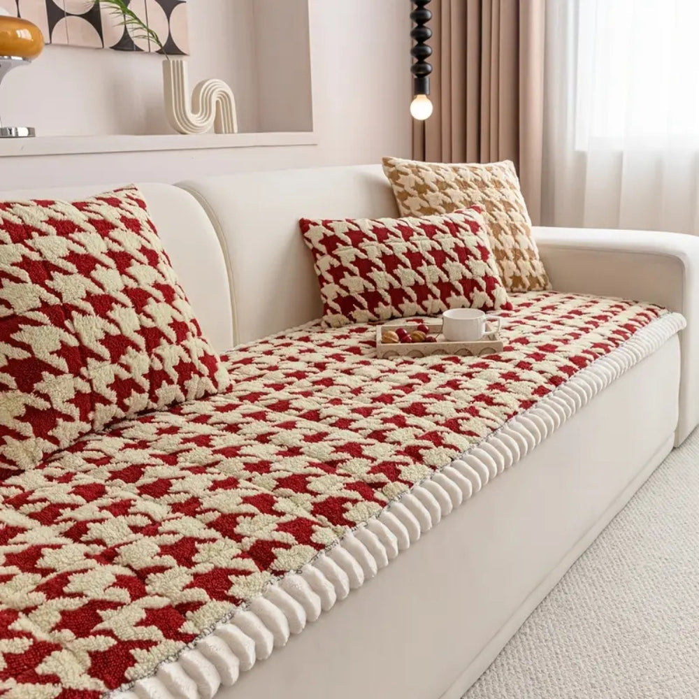 Colourful Plush Houndstooth Sofa Cover and Cushion Cover Crimson Edge