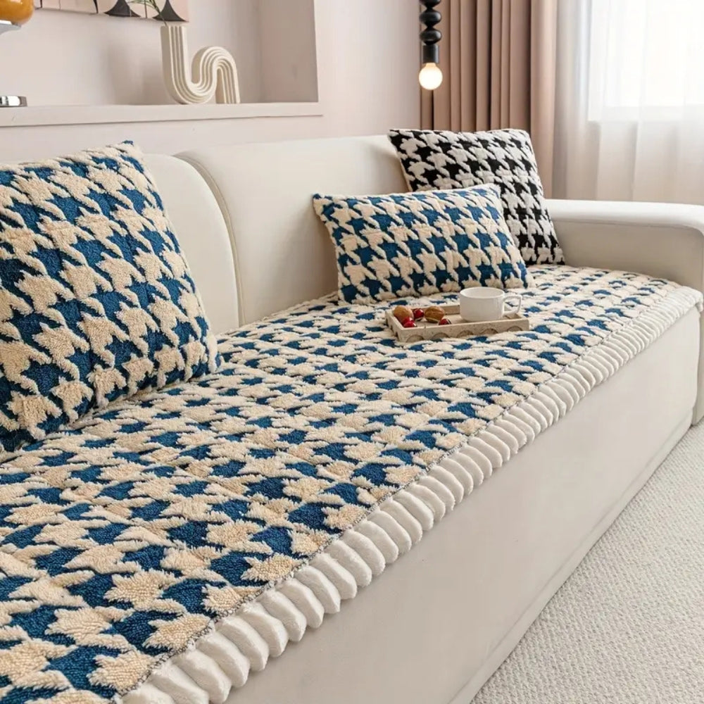 Colourful Plush Houndstooth Sofa Cover and Cushion Cover Ocean Style