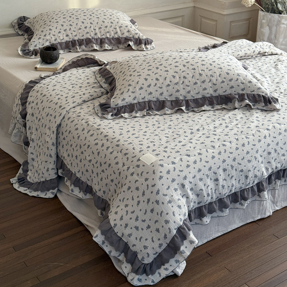 Lavender Blue Floral Comforter – Ruffled Cotton Gauze